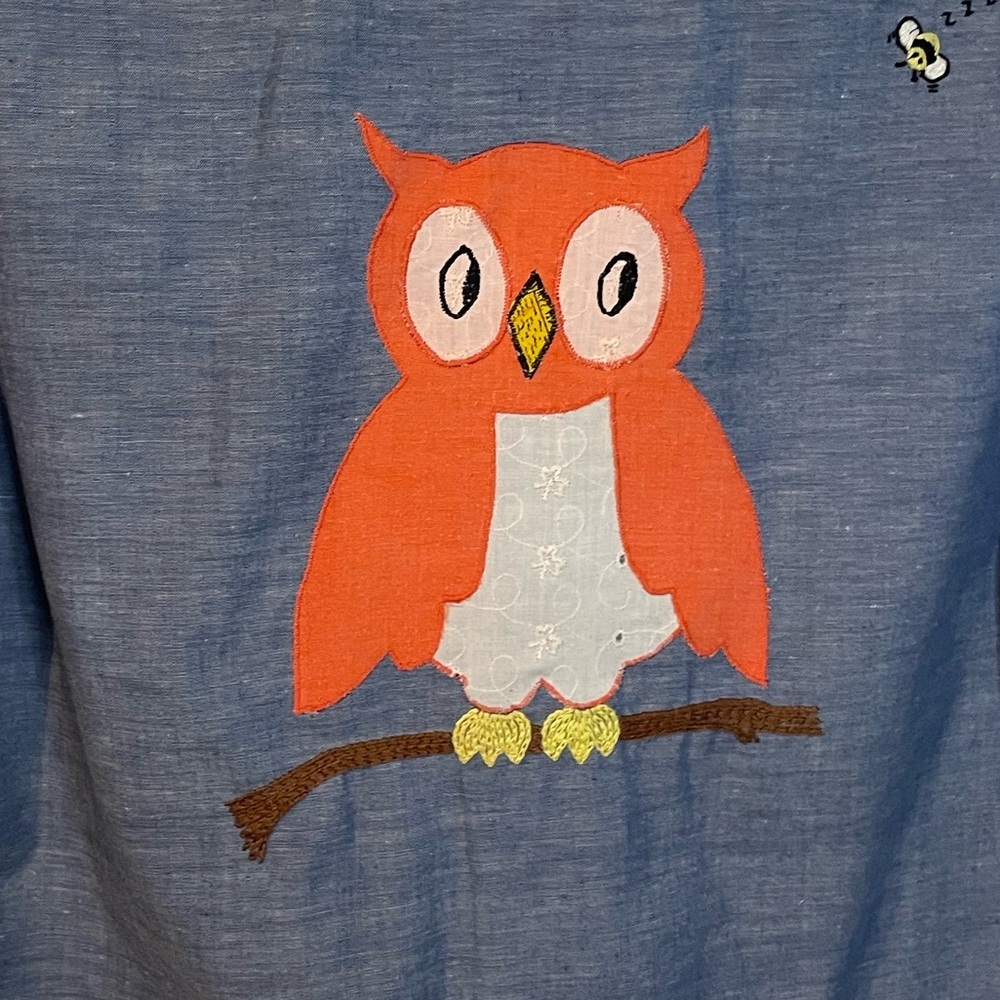 VTG blue chambray button down shirt embellished w/ lace & owl appliqué sz XL - Picture 6 of 8